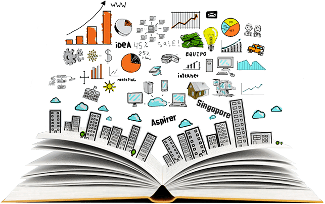 An open book with charts, a lightbulb, ideas and the Singapore skyline rising from its pages — the AspirerTutor vision of learning